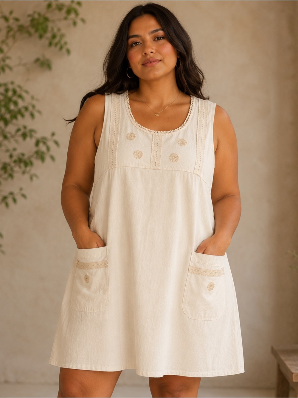 Vintage Made in Mexico Cotton knit Embrodiered Off White Sleeveless Dress Sz Lg